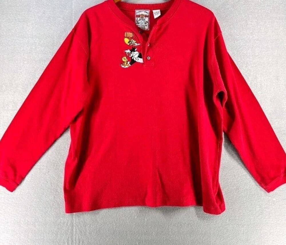 Vintage Warner Bros. Red Looney Tunes Long Sleeve Henley Shirt Boys L